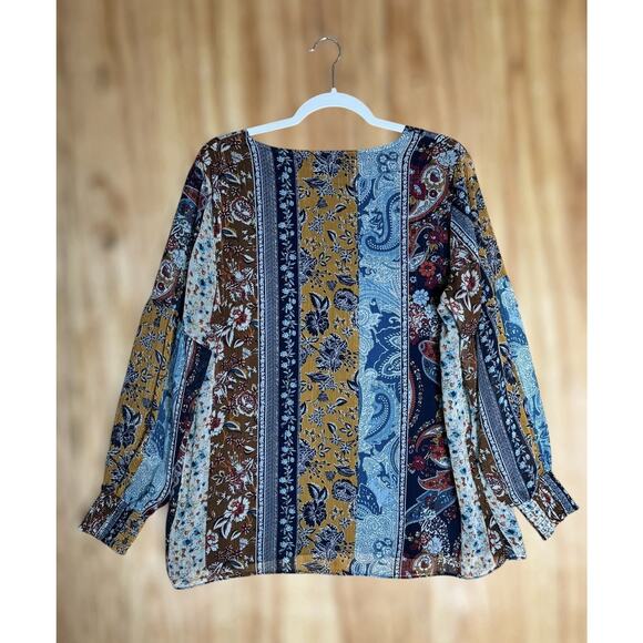 Dressbarn XL Boho Patchwork Floral Blouse VNeck Long Sleeve Mixed Print Fall Top - Picture 4 of 7